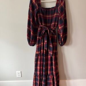 Aura Red and Blue Flannel Plaid Long Sleeve Maxi Dress